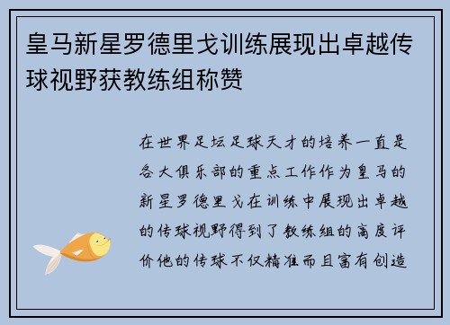 皇马新星罗德里戈训练展现出卓越传球视野获教练组称赞 皇马新星罗德里戈训练展现出卓越传球视野获教练组称赞