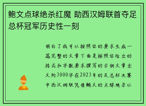 鲍文点球绝杀红魔 助西汉姆联首夺足总杯冠军历史性一刻